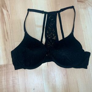 PINK bra, black, lace, racerback, 34A, underwire, adjustable straps, goth